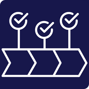 project management chain with checkmarks icon, white, with a dark blue background