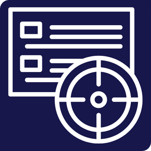 computer data with scoping target icon, white, with a dark blue background